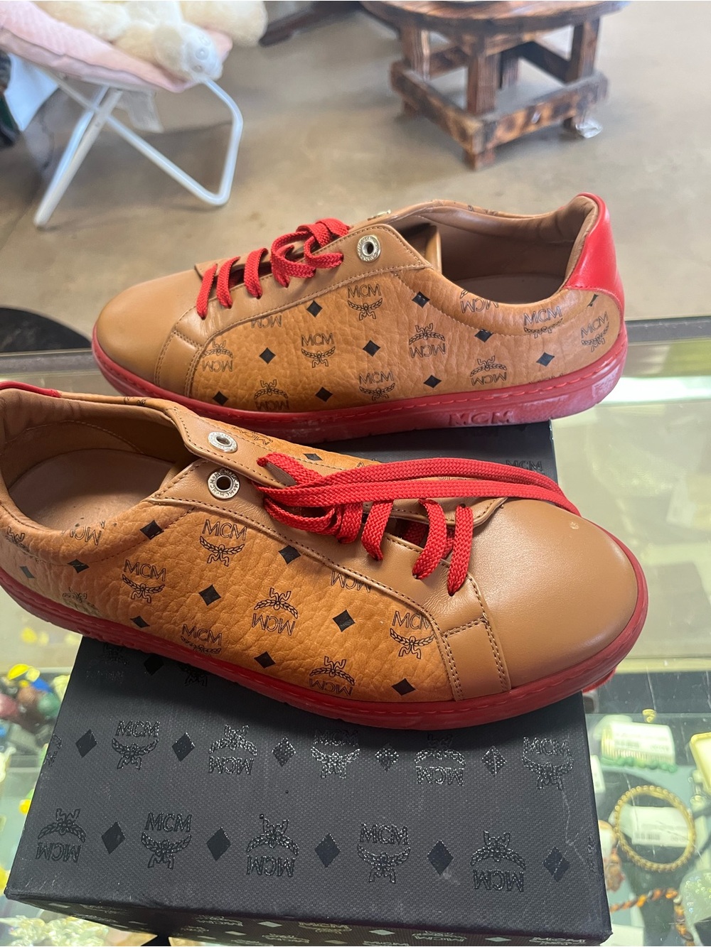 MCM Men's Terrain Derby Low-Top Cognac Logo Sneakers with Red Details Size:41